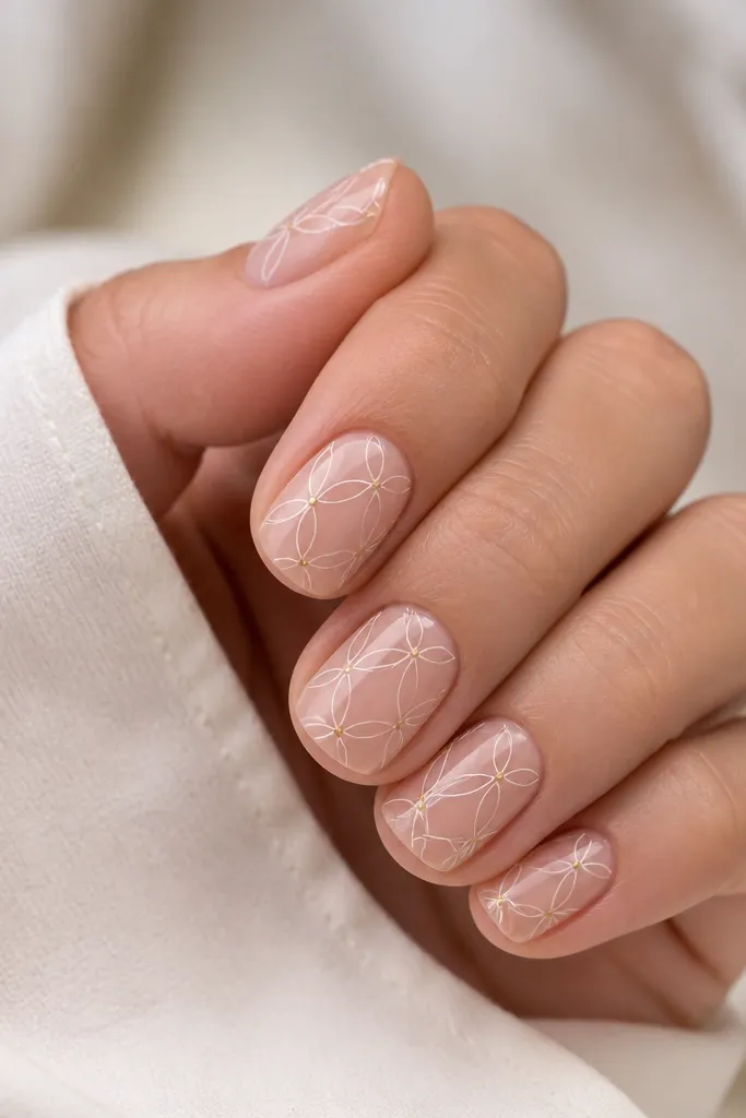 Short squoval nails with a sheer nude base. White lace-like lines run across the nail in a repeating pattern. At the crossing points there are tiny gold micro dots. Glossy top coat.