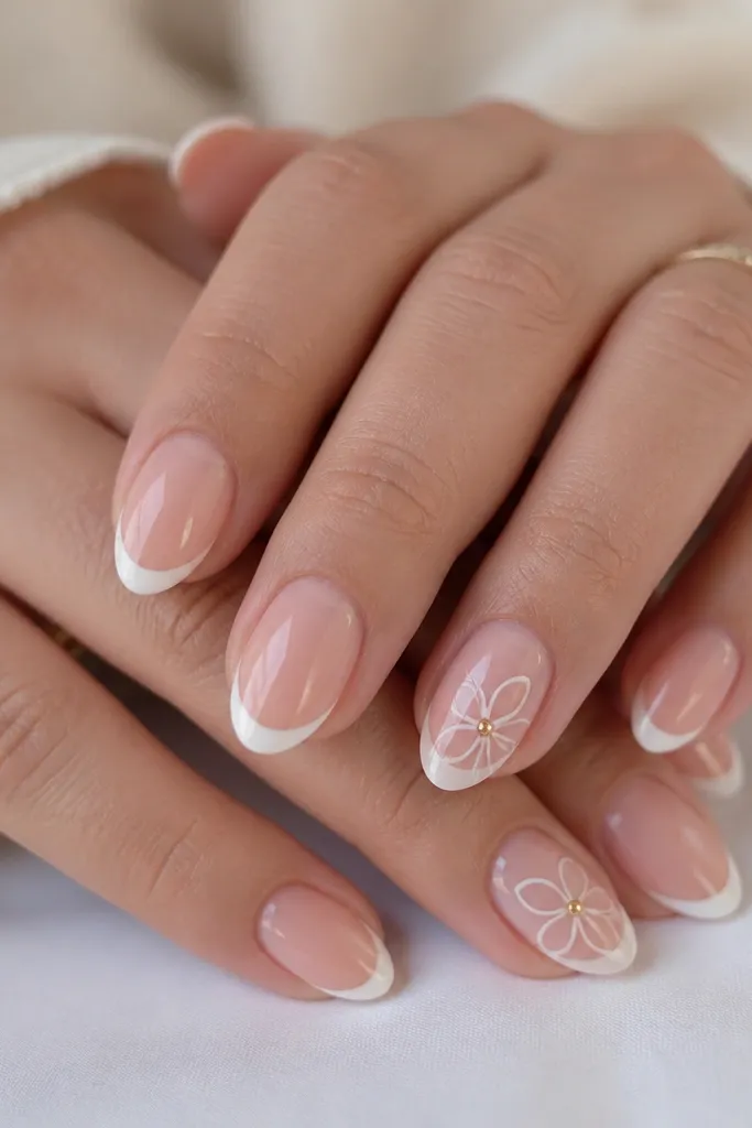 Short almond nails mostly in sheer nude and white micro French. Two accent nails have simple white outline flowers near the side of the nail, each with a small gold circle in the center. Glossy finish.
