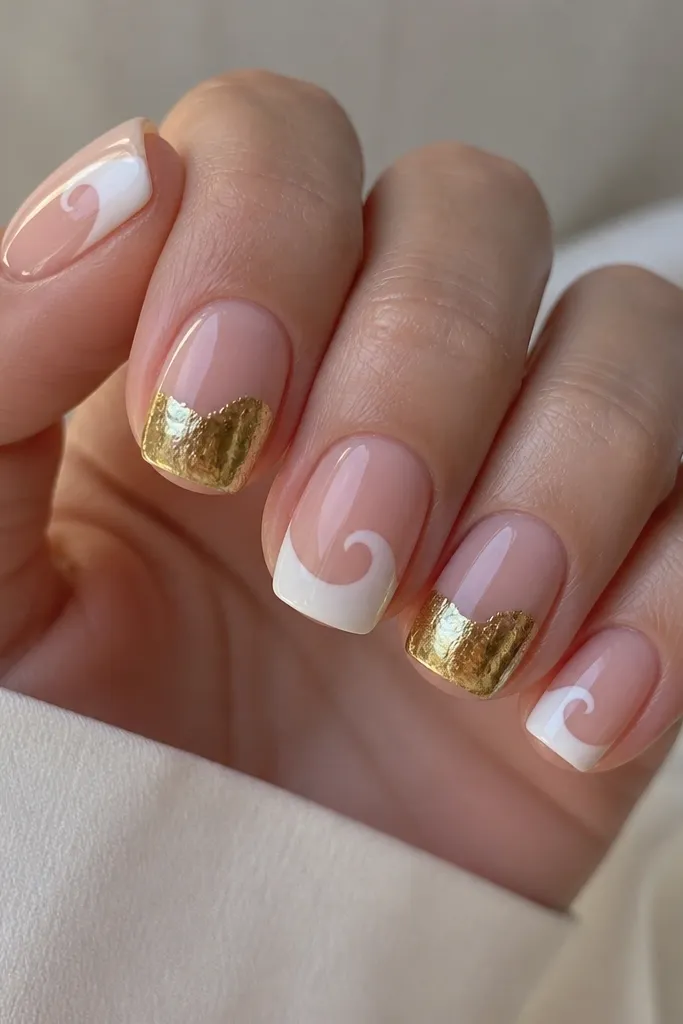 Short squoval nails with a sheer nude base. The tips have glossy white swirl shapes curling inward. On two nails, gold foil covers the lower half of the nail in an uneven, curved edge. Glossy top coat.