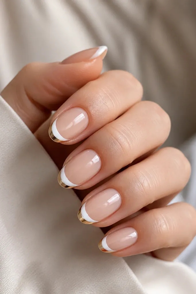 Short almond nails with a sheer nude base. At the tip, there are stacked rectangular blocks: white on top and a thin gold rectangle beneath it. Crisp edges, glossy finish.