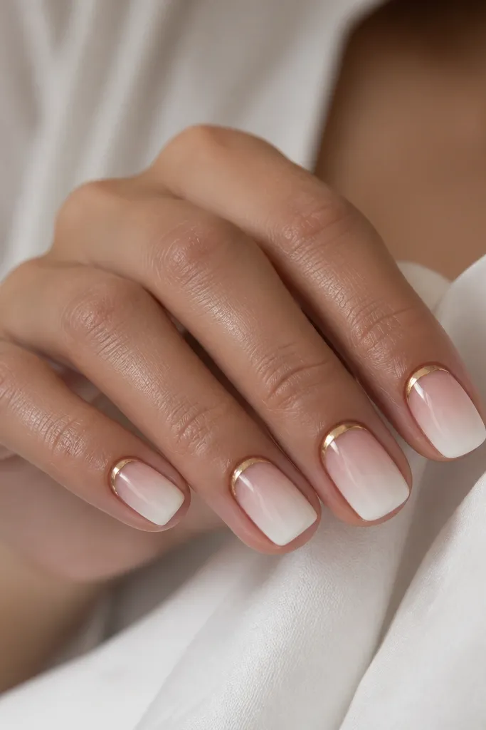 Short squoval nails with a soft white-to-nude ombre, brightest at the tip. A gold half-moon stripe sits at the cuticle area, following the nail curve. Glossy top coat.