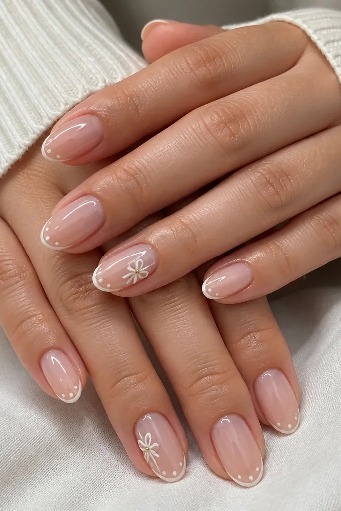 Short almond nails with sheer nude base and white micro accents. Two accent nails have tiny white bow shapes near the side of the nail. Each bow has two small gold dots in the center. Glossy finish.