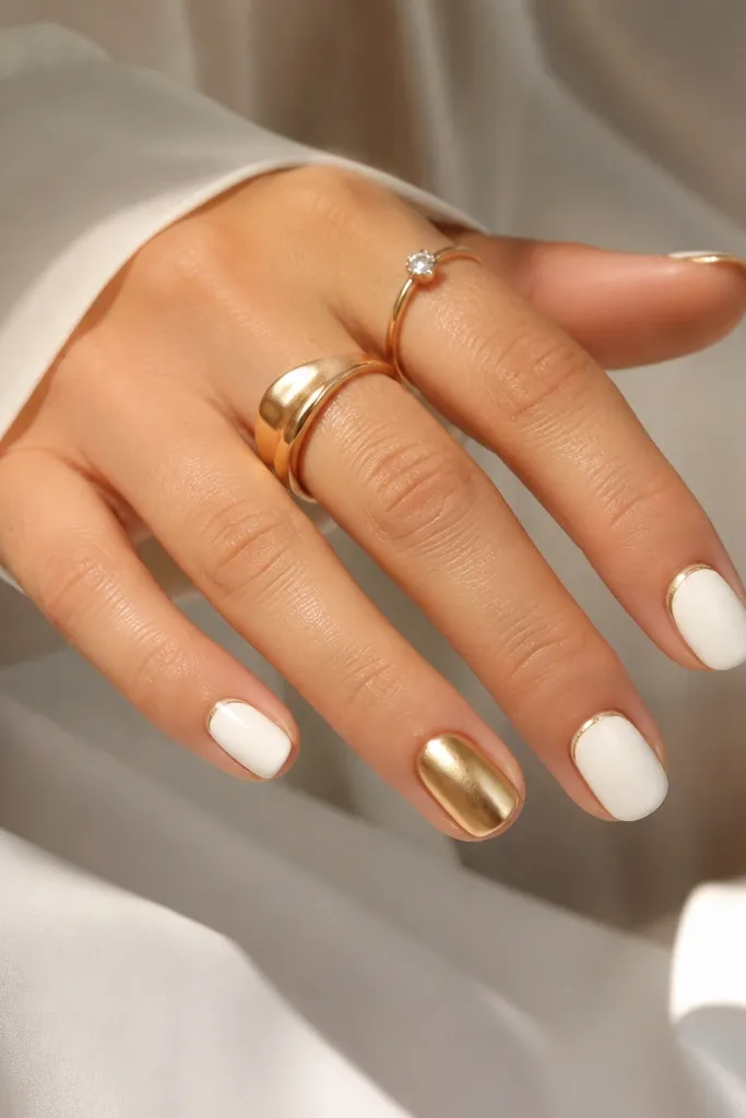 Short white and gold nails that fit your day