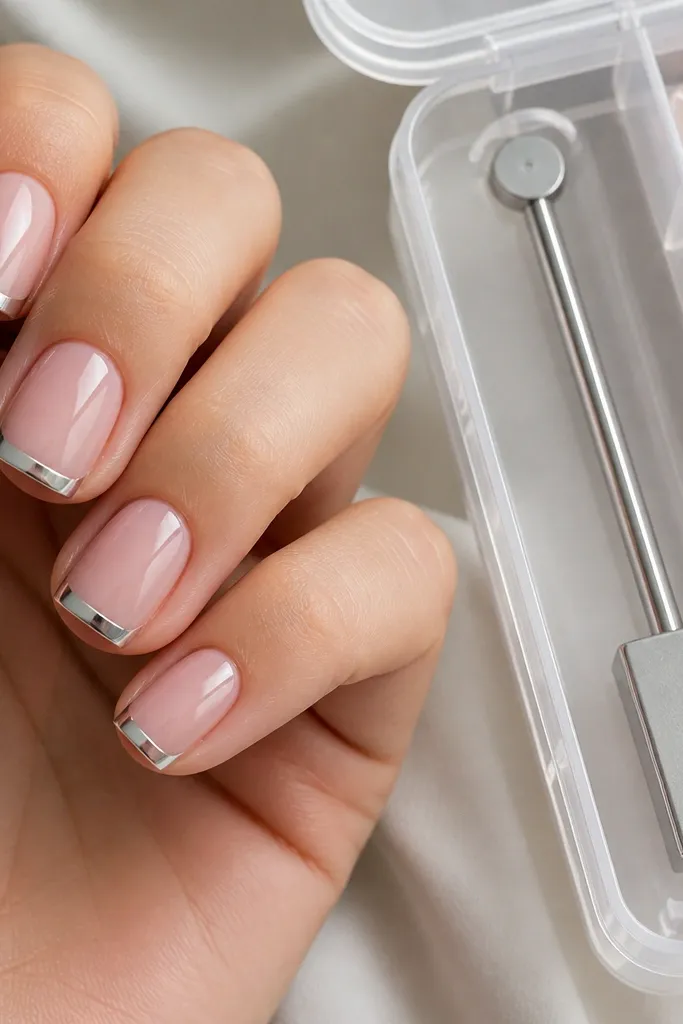 Close-up of short square nails with nude-pink base and razor-thin silver cat-eye french tips. The cat-eye line runs down the center of each tip like a chrome streak. A clear plastic storage box sits beside the nails with a labeled magnet wand compartment.