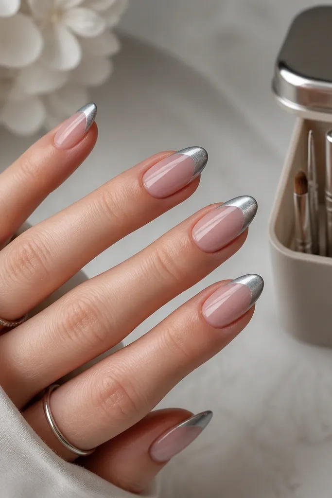 Medium almond nails with a blush rose base and icy silver cat-eye french tips. The silver has a cool, pearly sheen and the magnetic line looks slightly misty. A small organizer with a silver-lid top and separate slots for a wand and nail brushes is shown in the corner.