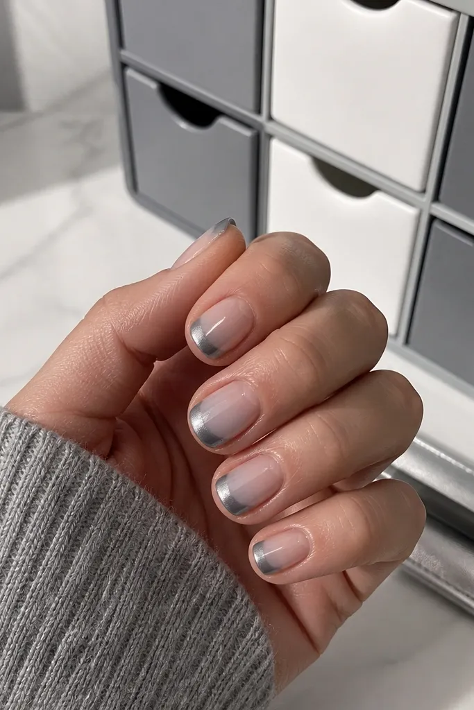 Short rounded nails with a nude base and smoky steel-gray silver cat-eye french tips. The cat-eye stripe is slightly smoky around the edges, giving a steel halo effect. A gray-and-white storage drawer organizer with a magnet wand sleeve is visible.