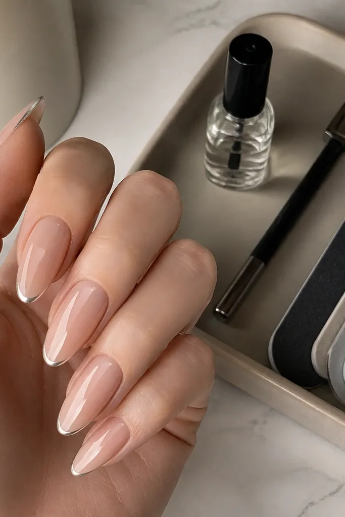 Long almond nails with a sheer nude base and very narrow silver cat-eye micro-french tips. The magnetic line is super fine, like a thin wire. A tray with magnetic strips holds the wand, a tiny bottle of top coat, and nail files.