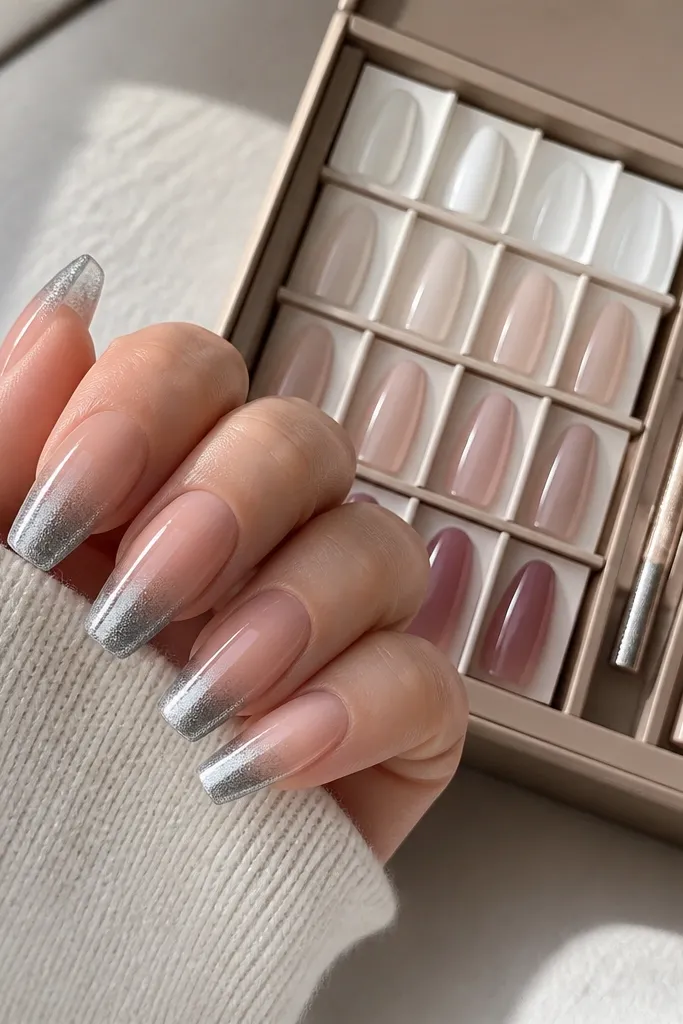 Medium coffin nails showing a smooth nude-to-white gradient near the tip, then a silver cat-eye french cap. The magnetic stripe sits in the center of the silver cap, bright under light. A compartmentalized storage box with a gradient palette and wand slots is pictured.
