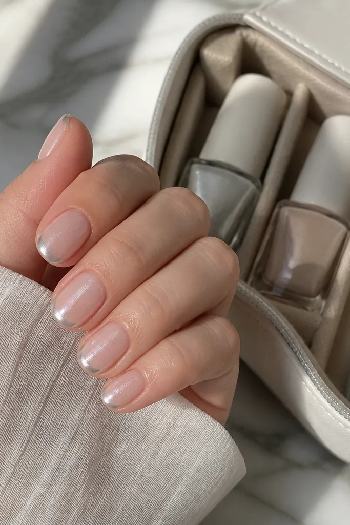 Short oval nails with a pearl nude base that catches light, paired with silver cat-eye french tips. The silver stripe is bright and centered, and the nails look glassy. A small storage pouch with compartments is shown holding the polish and a magnet wand.