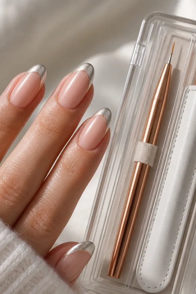 Medium almond nails with nude base, silver cat-eye french tips, and a super thin rose gold outline along the french edge. The cat-eye stripe is centered and bright. A storage organizer with a rose-gold pen liner and magnet wand sleeve appears next to the nails.