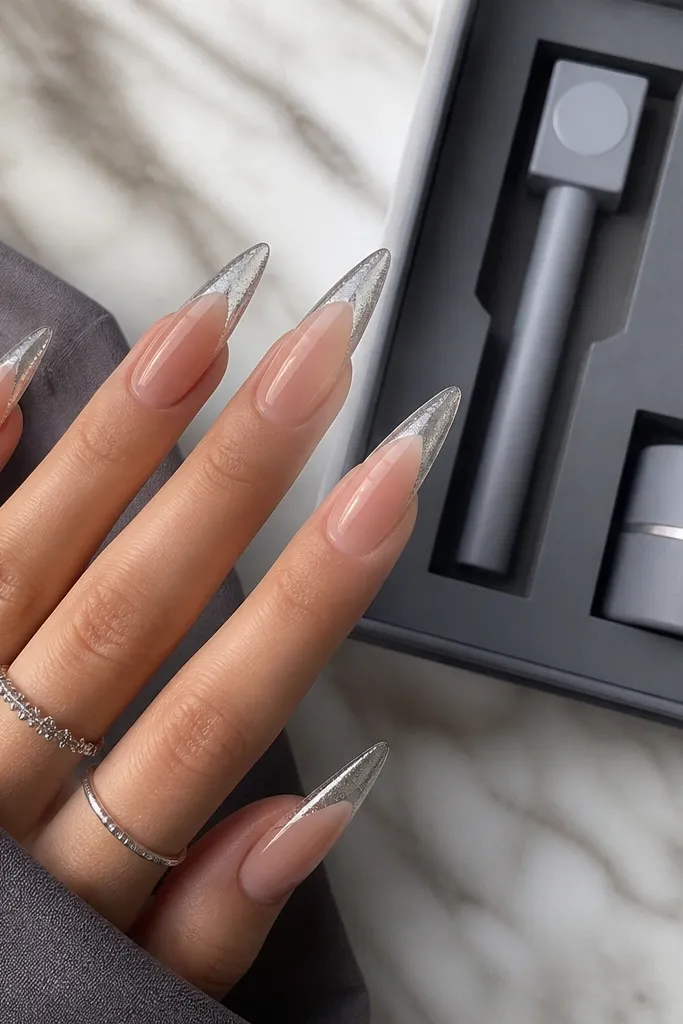 Long stiletto nails with a deep nude base and silver cat-eye french tips. The cat-eye stripe looks bright and high-contrast. A dark gray storage case with labeled slots for magnet wand and base gel is shown.