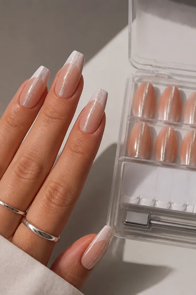 Medium coffin nails with a nude base and a half-moon french extension at the tip. The silver cat-eye stripe runs straight down the center. A storage case with a half-moon nail guide strip and magnet wand compartment is visible.