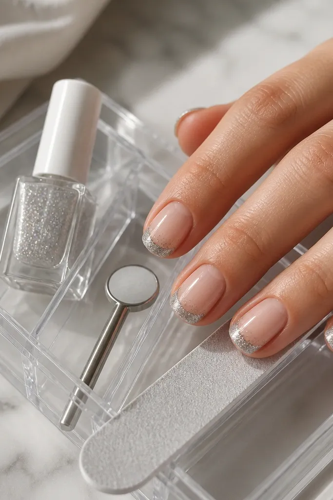 Short square nails with nude base and silver cat-eye french tips. The center stripe is metallic and clean, while the sides fade into fine micro glitter. A clear organizer holds glitter top coat, magnet wand, and a nail file.