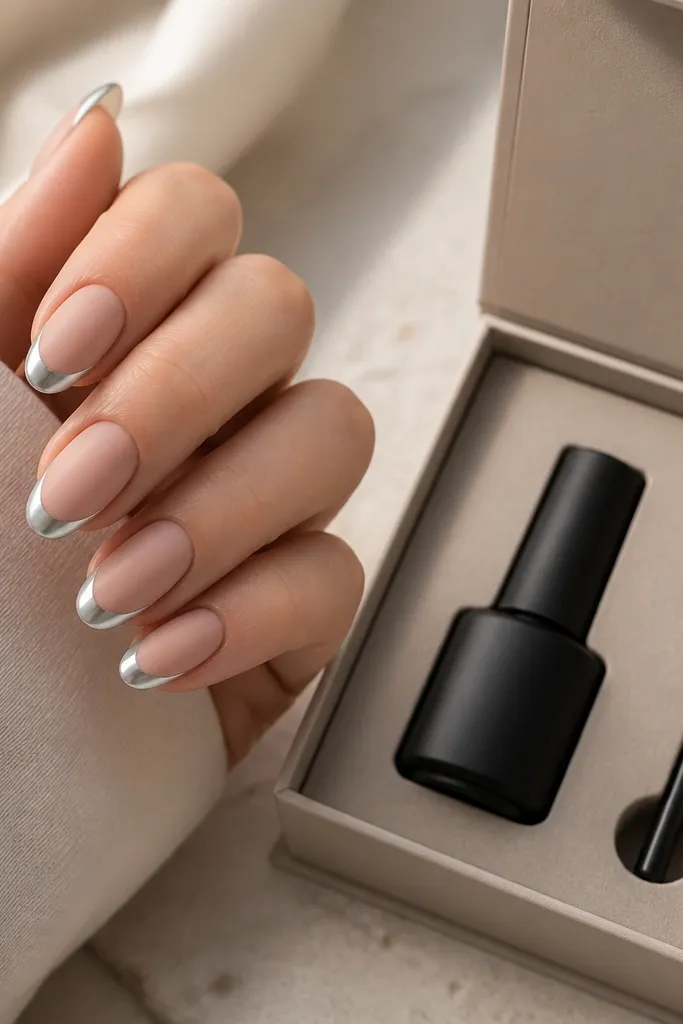 Medium oval nails with a matte nude base and glossy silver cat-eye french tips. The stripe looks glossy and bright against the matte background. A small storage box with a matte top coat bottle and magnet wand slot is shown.