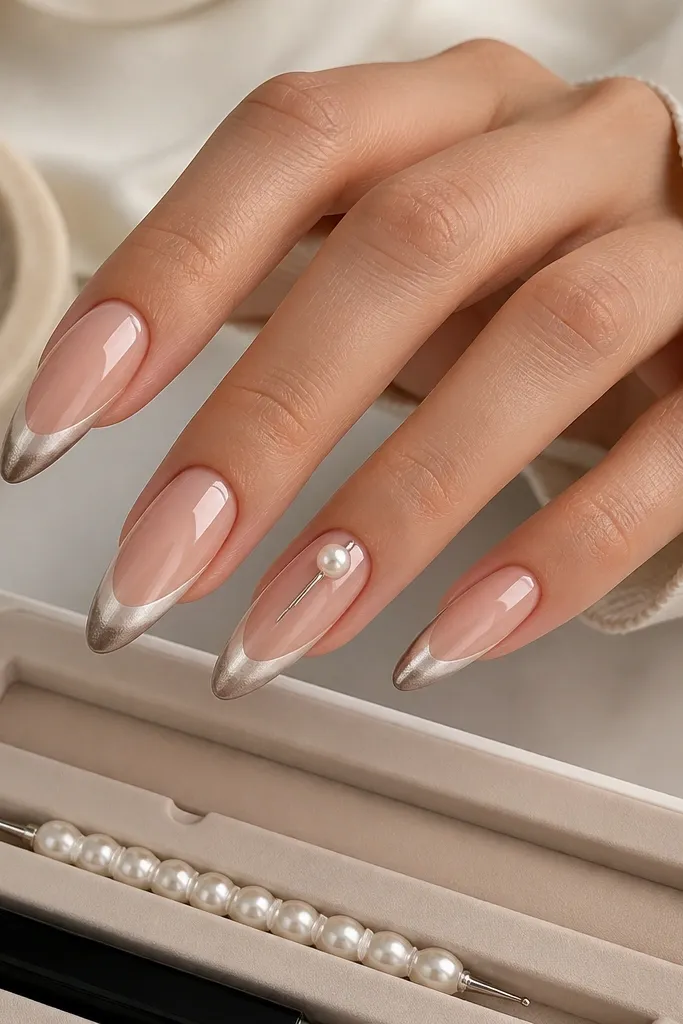 Long almond nails with nude base, silver cat-eye french tips, and a small pearl drop accent near the cuticle on the ring finger. The cat-eye stripe is centered and bright. A storage case shows a pearl dotting tool and a wand compartment.