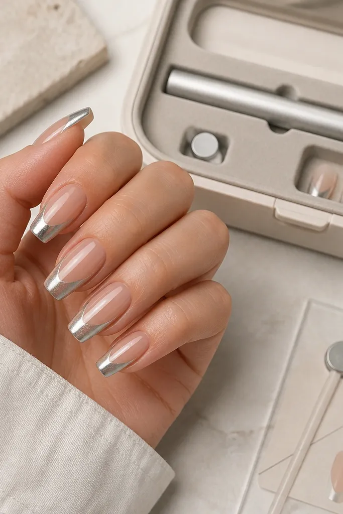 Medium coffin nails with nude base and silver cat-eye french tips where the magnetic stripe angles slightly toward one side. The cat-eye effect looks like a diagonal beam. A storage case with a magnet wand holder and angled guide card is visible.