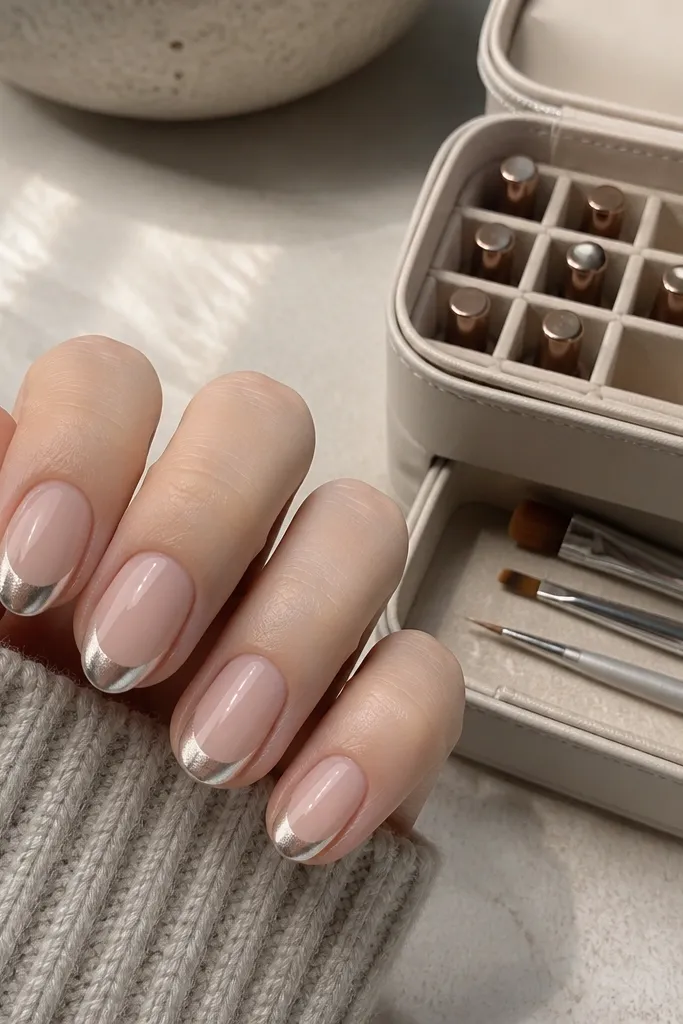Short oval nails with a clean nude base applied smoothly by a brush-on gel, then silver cat-eye french tips with a bright center stripe. Beside the nails is a compact storage unit with a brush gel cap organizer and wand pocket.