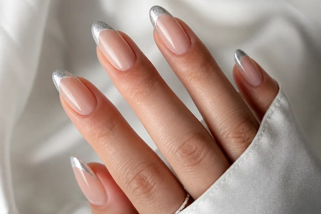 Silver Cat Eye French Tip Nails for a Sleek Metallic Look
