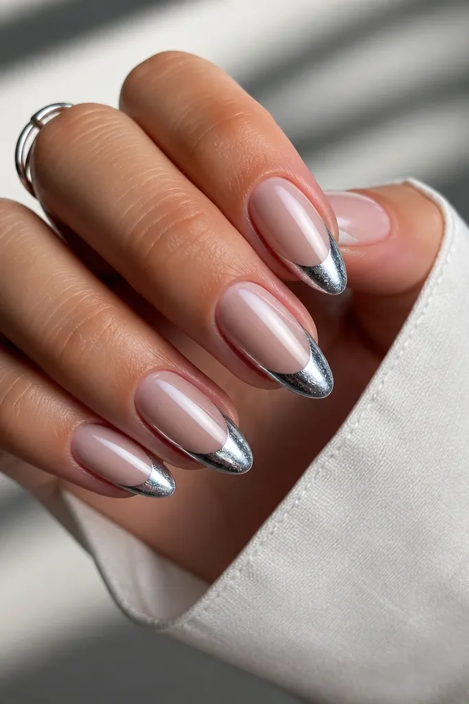 Silver Cat Eye French Tip Nails for a Sleek Metallic Look