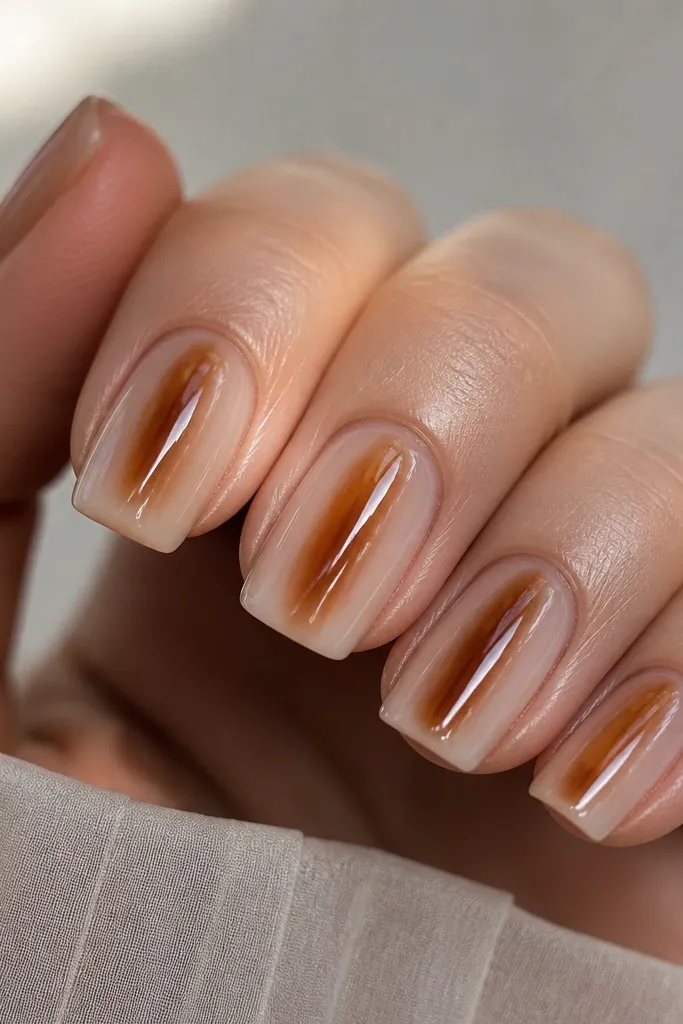 Five square nails with a honey milky base. Dark amber-brown shell lines run vertically through the center. The outer 1 mm near each sidewall looks slightly clearer, like a thin see-through frame. Glossy finish.