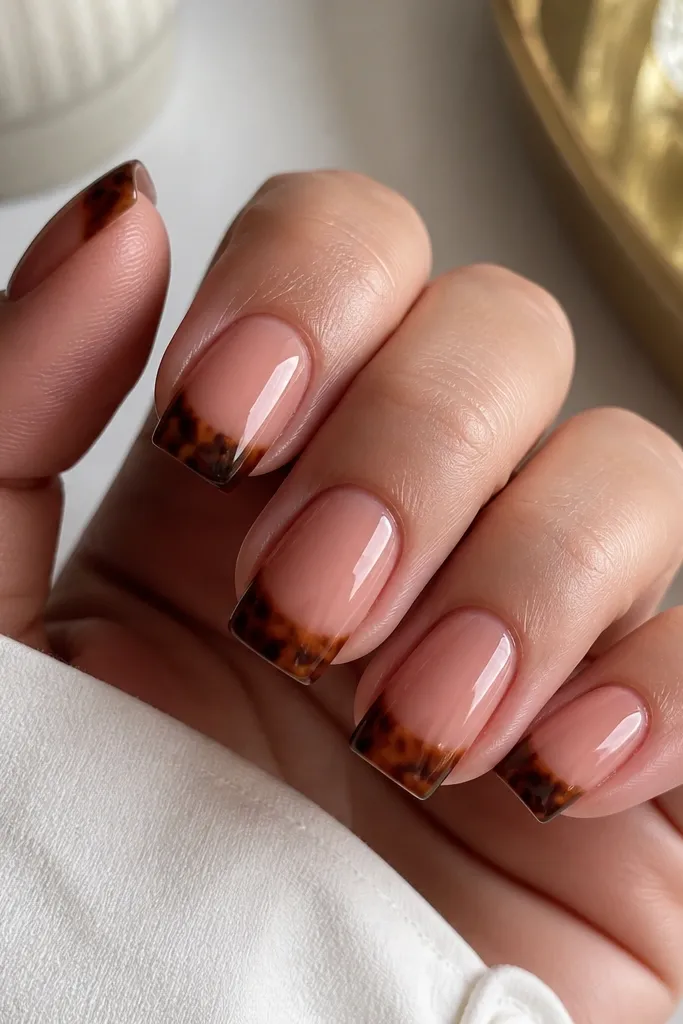 Square nails with a nude rose base. Only the tips have tortoise patterning: dark espresso and soft caramel swirls within the last third of the nail. The cuticle area stays clean and glossy.