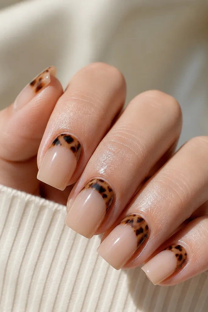 Square nails with a sheer beige base. The tortoise pattern sits in a curved half-moon band across the upper third, leaving the rest mostly nude. Black-brown pieces are clustered in the curve. Glossy finish.
