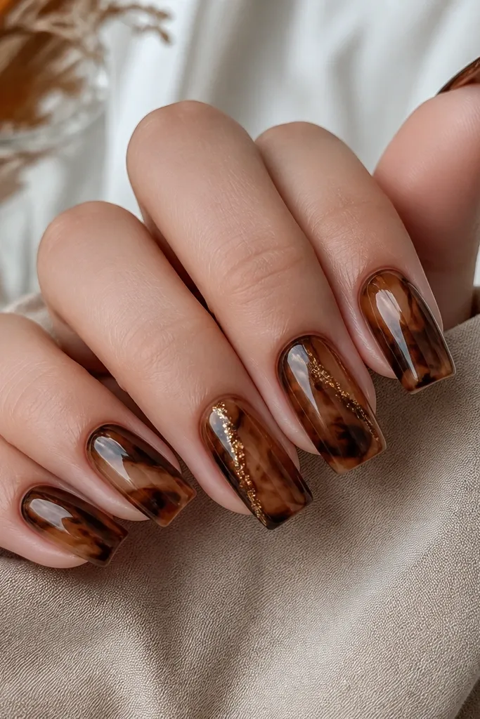 Square nails in a smoky amber base. Wispy tortoise lines drift diagonally. One thin vein of micro fine gold glitter runs from cuticle toward the center on two accent nails. Glossy finish.