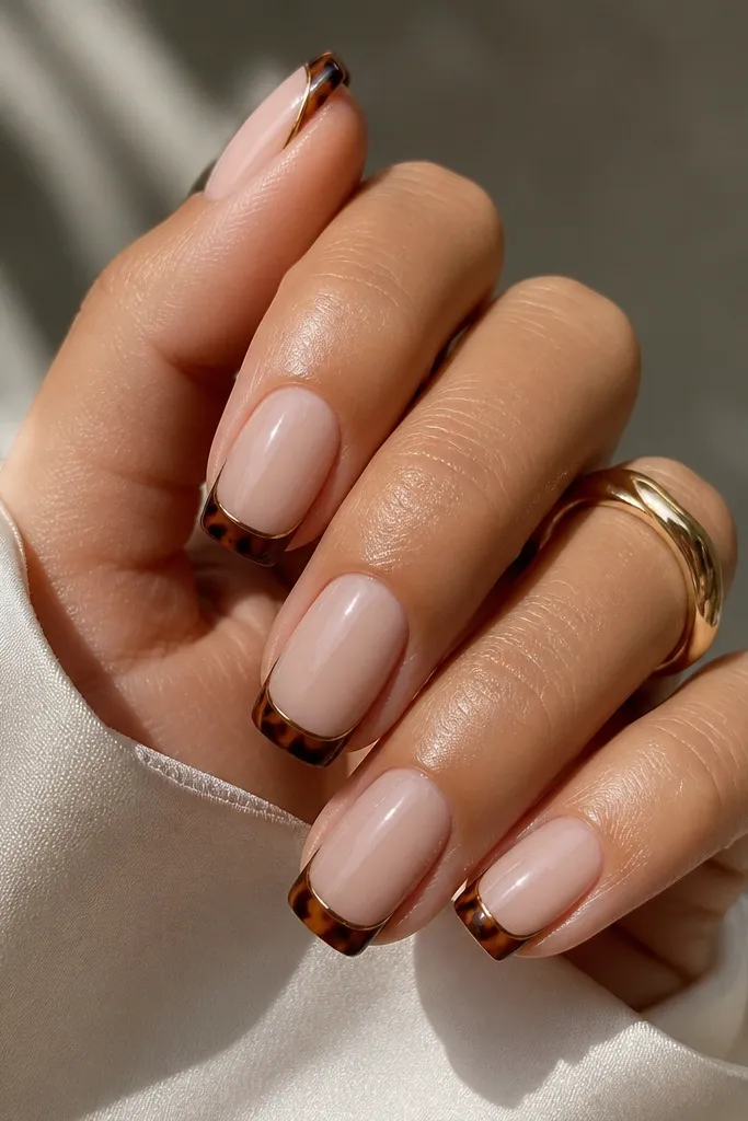 Square nails with a nude base. A tortoise French tip sits at the free edge. Around the tortoise tip there is a thin dark brown outline line. High gloss.