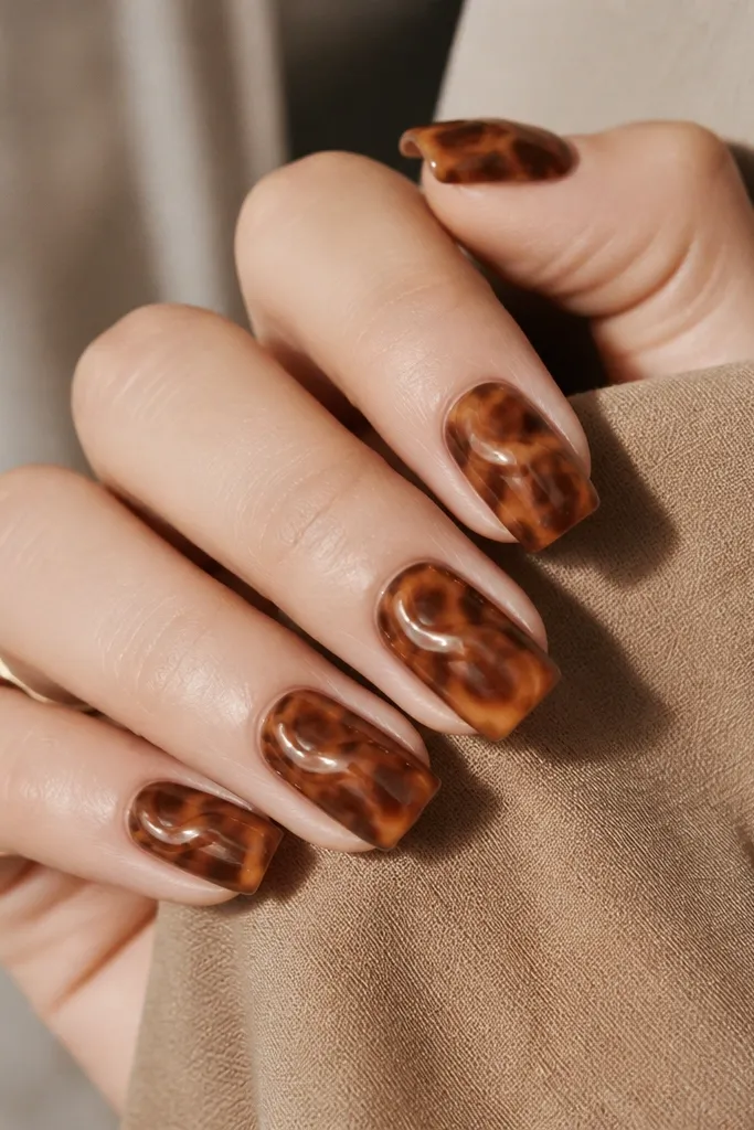 Square nails with a chocolate-brown marbled tortoise pattern. Light caramel patches float within. On each nail, a clear glossy swirl shape runs across the middle, catching the light.