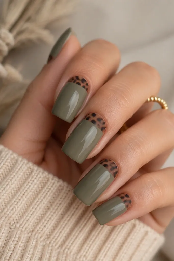 Square nails with an olive-sage base. Near the cuticle there's a matte tortoise band in lighter caramel and dark brown. The rest of the nail is glossy. Matte only on the band.