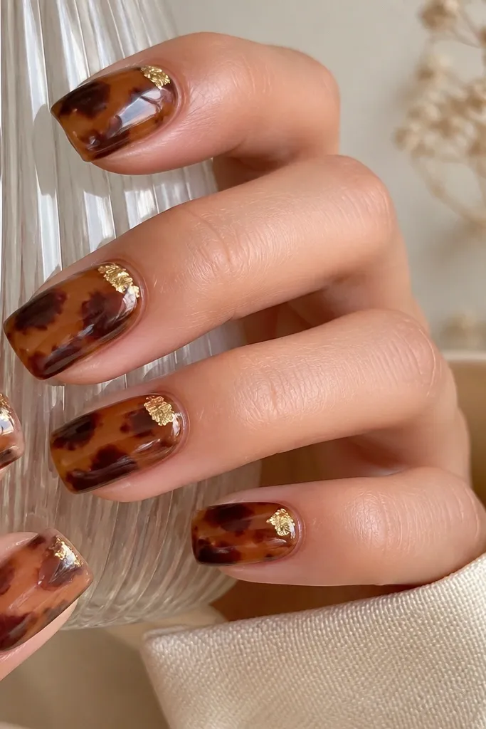 Square nails on a warm nude base. Tortoise pattern spreads across most of the nail in caramel and espresso. On the top-right corner of each nail, a small piece of gold leaf sits under clear gel. Glossy finish.
