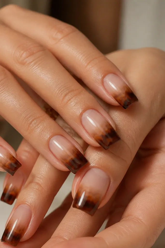 Square nails with a sheer nude-to-warm brown ombré. Tortoise pattern grows stronger toward the tip: faint shell near cuticle, heavier dark shell at the free edge. Glossy.