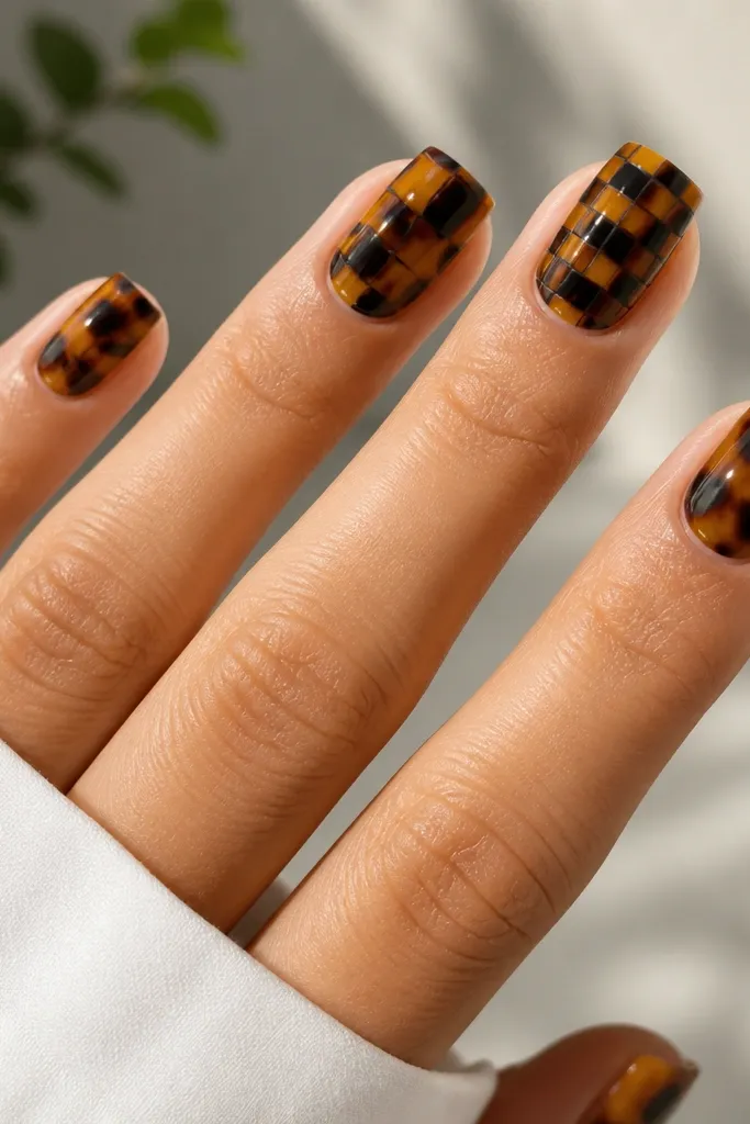 Alternating square nails: three nails have classic tortoise pattern across the whole nail. Two nails have a checkerboard grid made of tortoise squares with thin dark borders. Glossy finish.