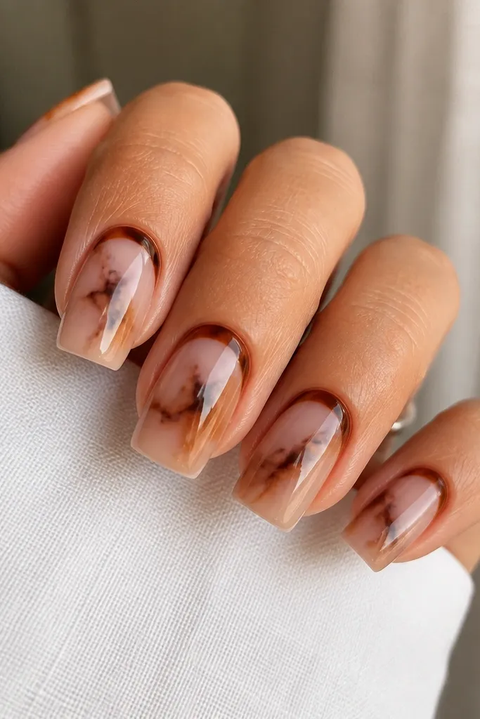 Square nails with a reverse French look: dark caramel band hugs the cuticle. The rest of the nail is sheer nude with smoky tortoise wisps in the middle. Glossy.