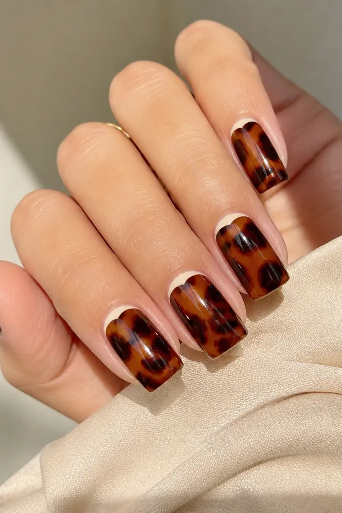 Square nails with classic tortoise pattern across the nail. At the cuticle, there's a small creamy white highlight arc, like a soft crescent. Glossy finish.