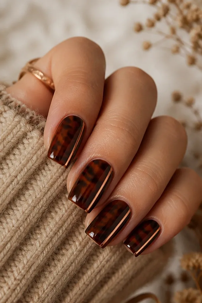 Square nails with sable brown tortoise pattern. On each nail, a thin rose gold foil strip runs along one side edge near the free border. Glossy top coat.