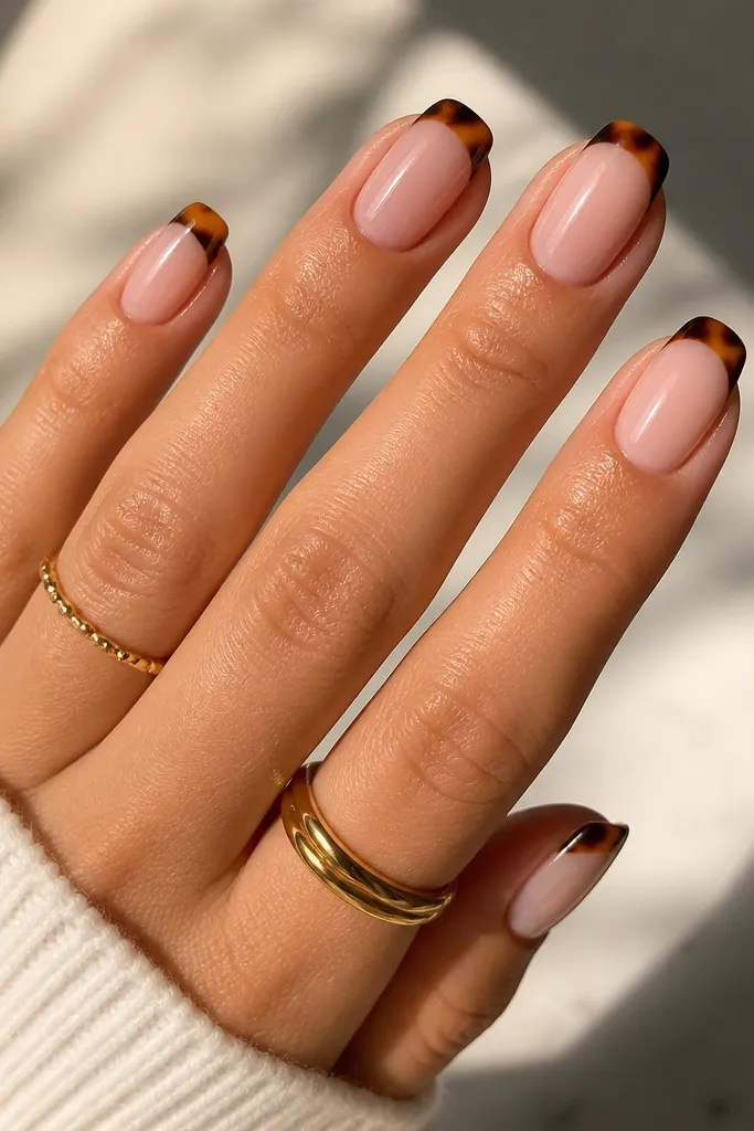 A full set of medium-length soft squoval nails. Nails have a sheer nude base with a tortoise French tip. The tip shows warm amber and caramel streaks with darker brown edges, and a glossy clear top coat.