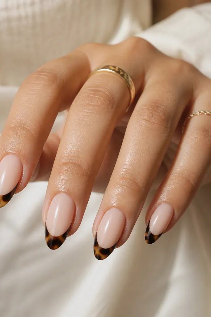 Medium almond nails with a milky nude base. The French tips are tortoise with a strong espresso-brown outer ring and lighter caramel marbling toward the center. High-gloss finish, no glitter.