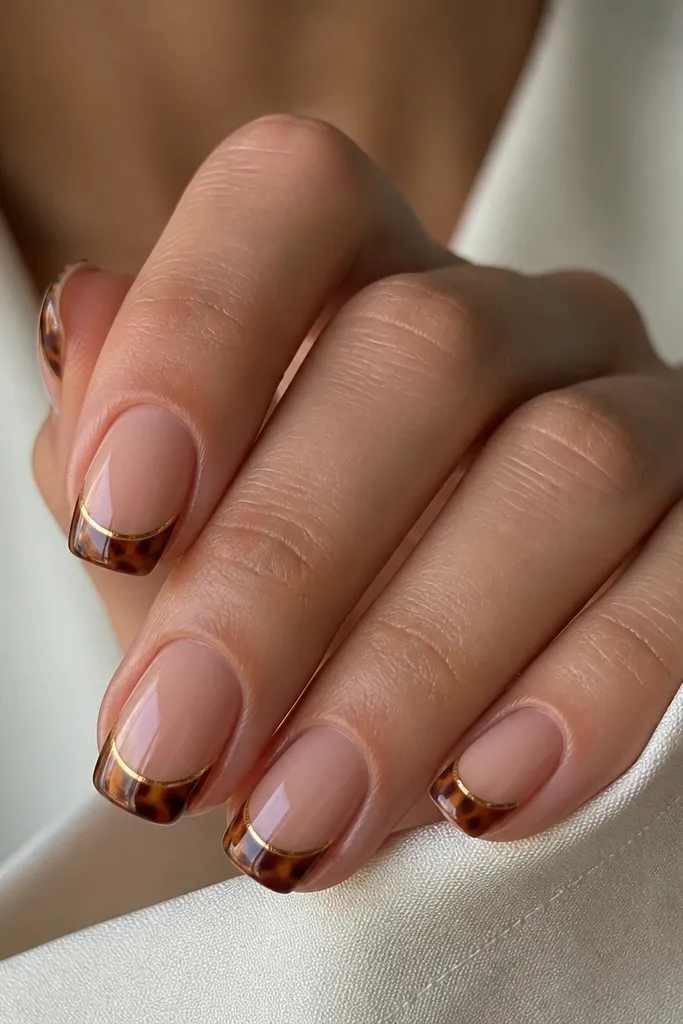 Short to medium nails in soft squoval shape. Sheer nude base with tortoise French tips. Thin gold striping lines run through the tortoise pattern, and the tips are glossy.