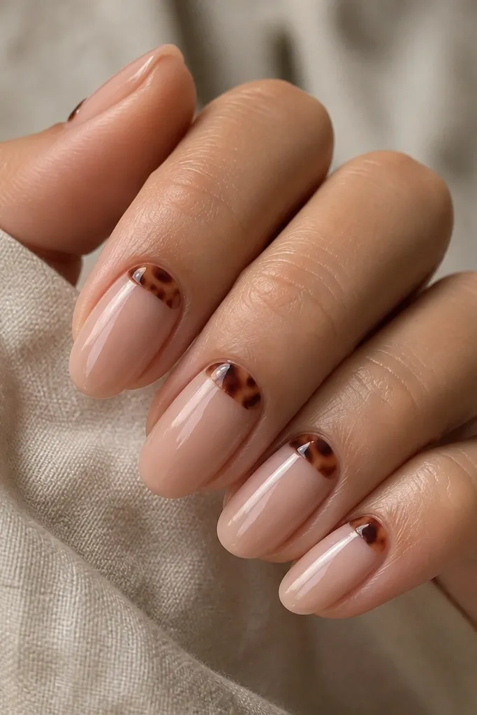 Medium nails with a nude pink base. The tortoise pattern forms a reverse French near the cuticle, with the rest of the nail staying clean. Glossy top coat, no extra decals.
