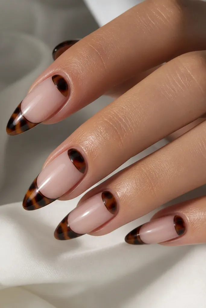 Almond nails with a sheer nude base. The French tip is tortoise on the top half, and the half-moon near the cuticle is also tortoise. The two tortoise areas connect with a subtle line. Glossy finish.