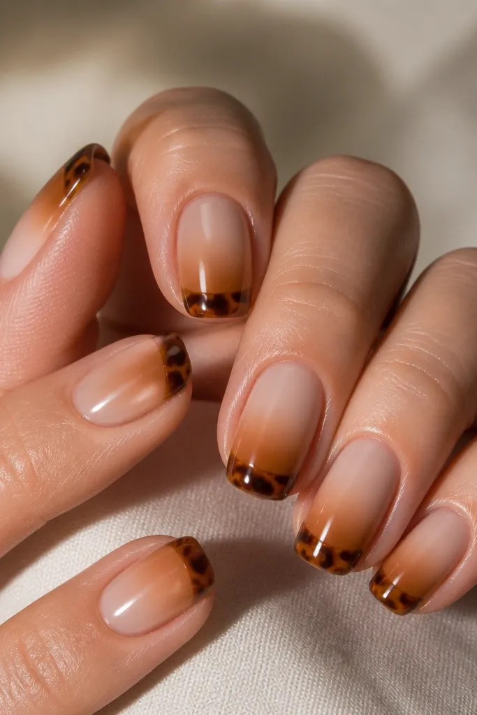 Soft squoval nails with a nude base that subtly fades into caramel near the tip. The French tip area has tortoise marbling in amber and dark brown. Glossy top coat.