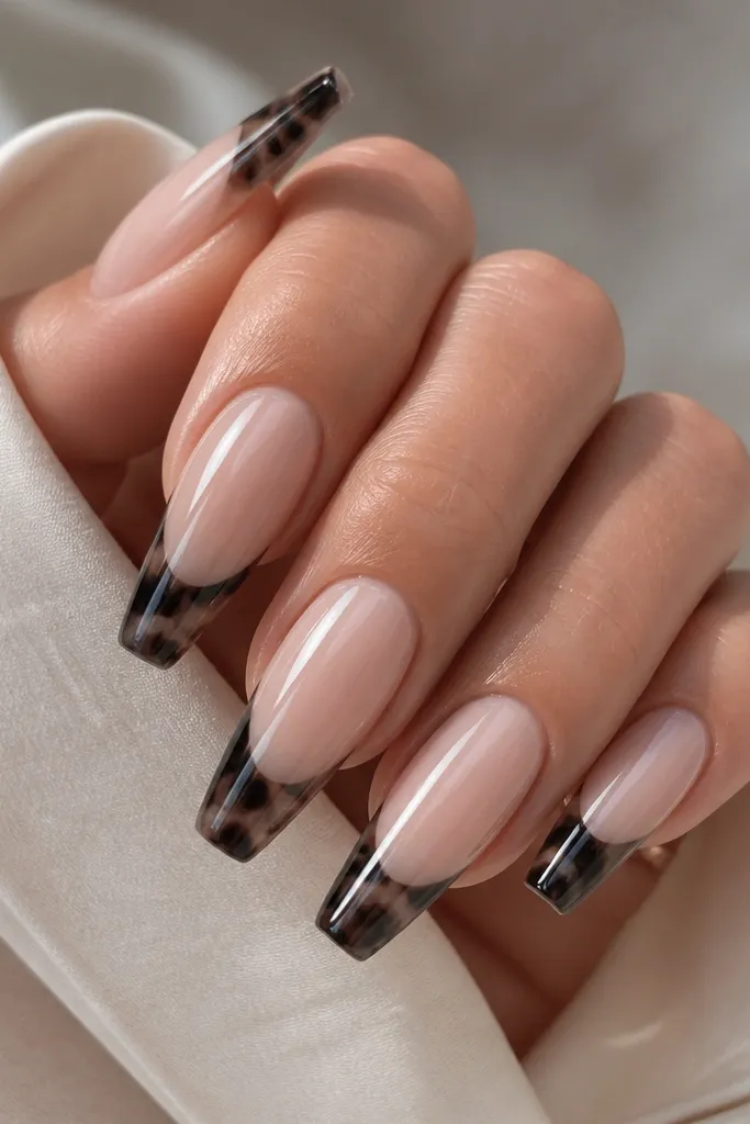 Coffin nails with a sheer beige base. The French tips are black and charcoal tortoise with thin lighter taupe and smoky brown streaks. Very glossy finish.