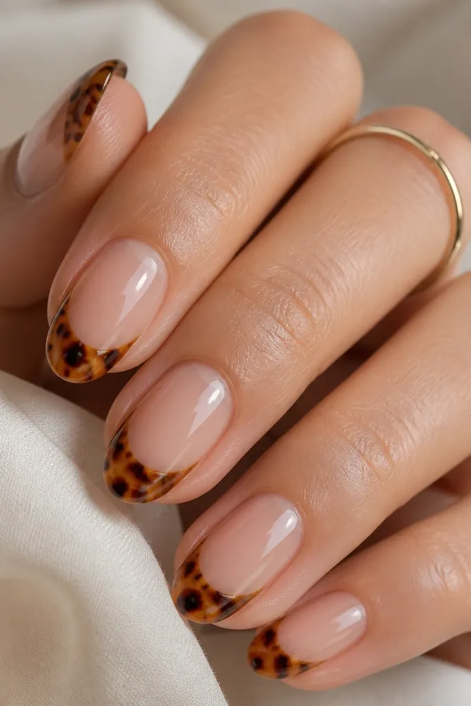 Short almond nails. Sheer nude base with tortoise French tips. The tips have amber and caramel marbling plus tiny micro specks in lighter beige and darker brown. Glossy top coat.