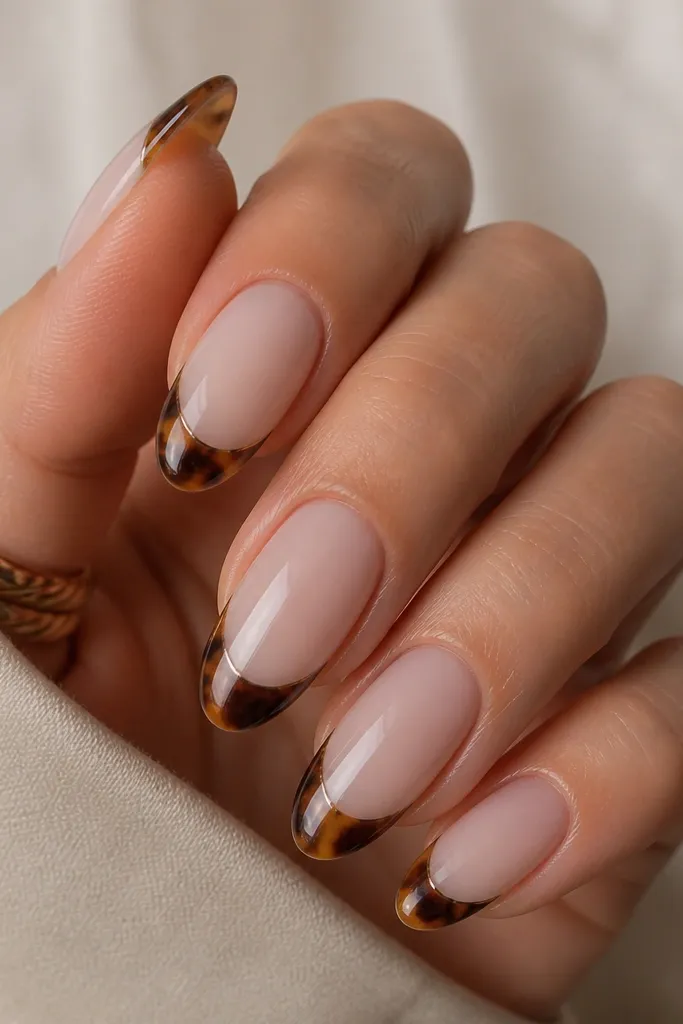 Medium oval nails with a milky nude base. The French tips are tortoise marbling with a thin clear outline around the tip edge. Glossy top coat, the outline looks like a glass border.
