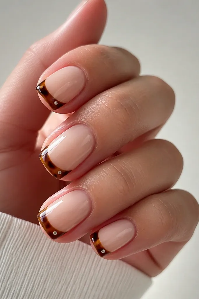 Short squoval nails with a sheer nude base. Tortoise French tips in amber and caramel with dark brown edges. One tiny clear rhinestone sits at the outer corner of each tip. Glossy top coat.