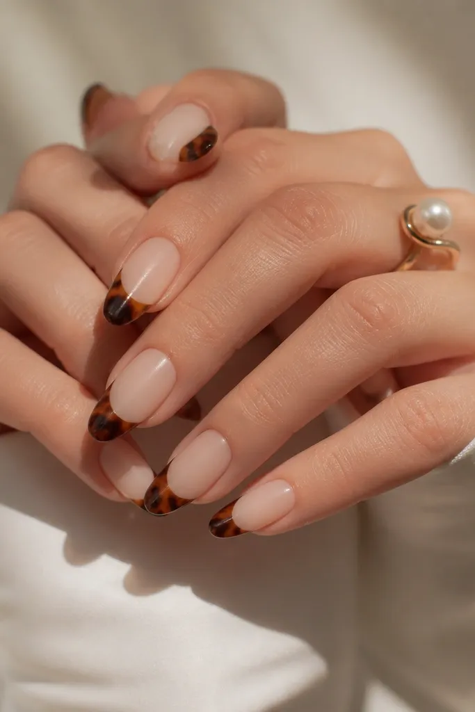 Medium almond nails. The base is matte milky nude, while the French tips are glossy tortoise marbling in amber and dark brown. The contrast between matte and gloss is visible.