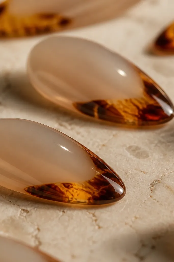 Long almond nails with a sheer nude jelly base that looks slightly translucent. French tips are tortoise marbling in honey and caramel with dark brown edges. Glossy and wet-looking top coat.