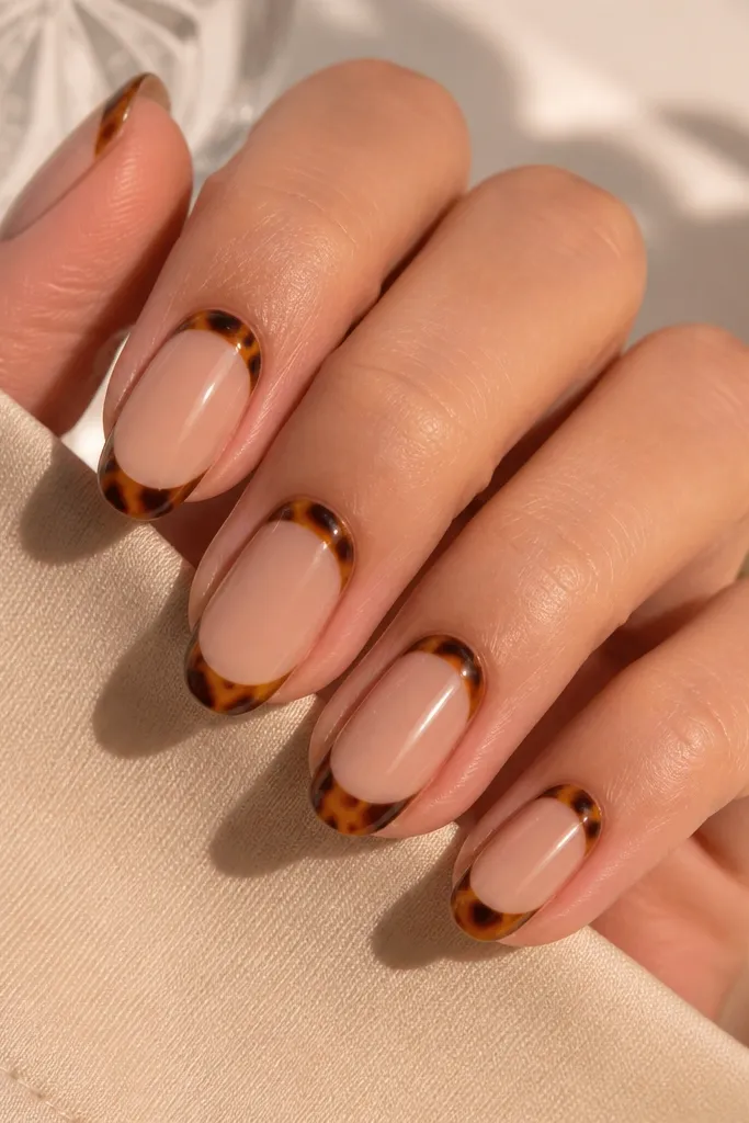 Medium oval nails. Sheer nude base. A tortoise half-moon frame sits around the cuticle, and the French tip is tortoise too, with lighter amber veins. Clean cuticle edges, glossy finish.