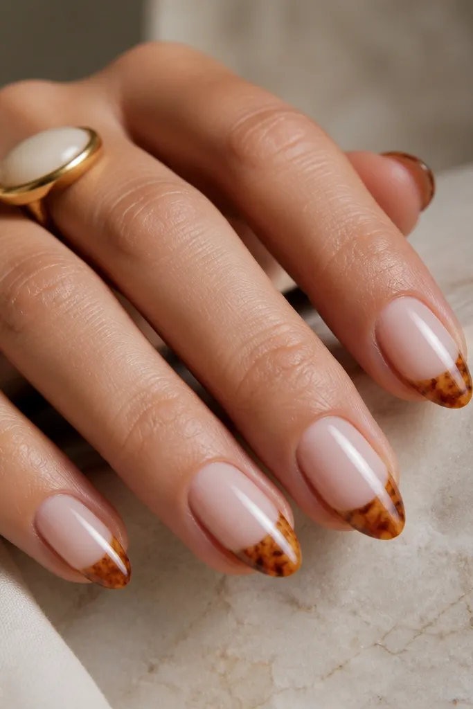 Short almond nails with a milky nude base. The tortoise French tips have amber and caramel marbling with fine dark brown micro lines like hairline cracks. Glossy top coat.